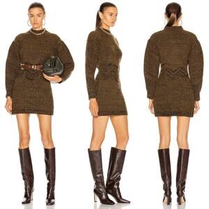 Nicholas | NWT Ilya Sweater Dress Green Brown Multi Lambswool Chevron Knit S